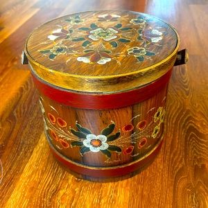 Vintage painted wood bucket with lid